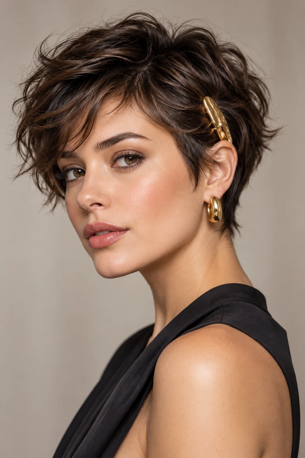 Tousled Pixie With Gold Clip — peinados cabello corto elegantes style outfit