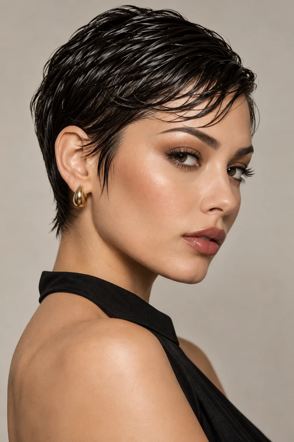 Sleek Wet-Look Pixie — peinados cabello corto elegantes style outfit