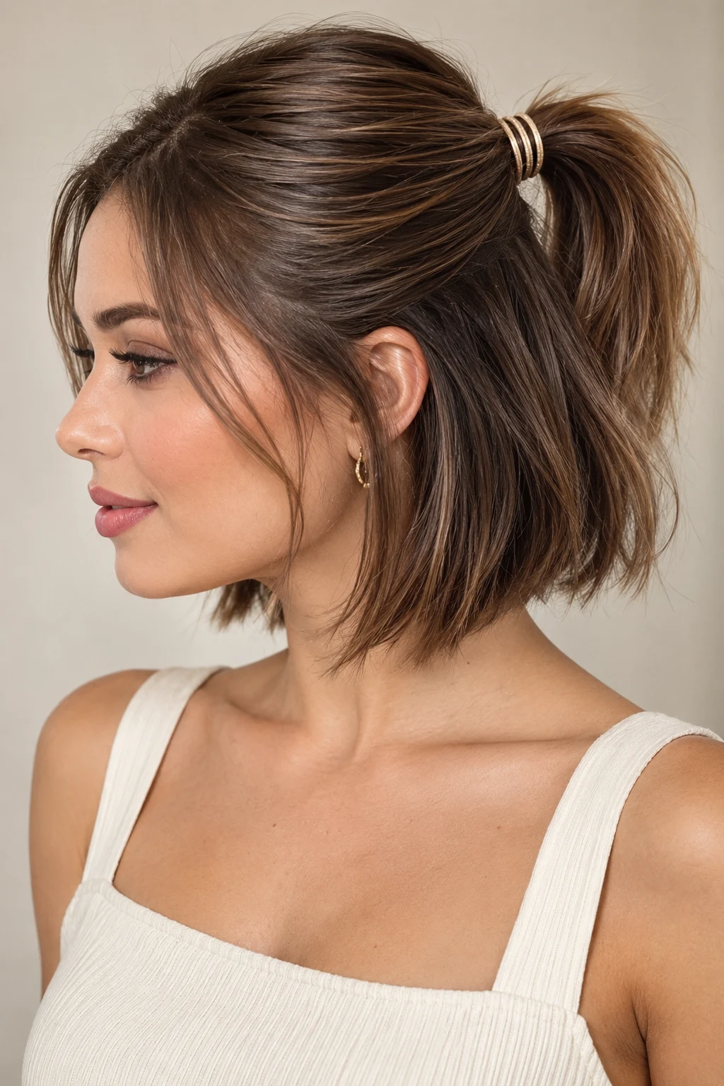 Elastic-Wrapped Half Pony — peinados para cabello corto liso style outfit