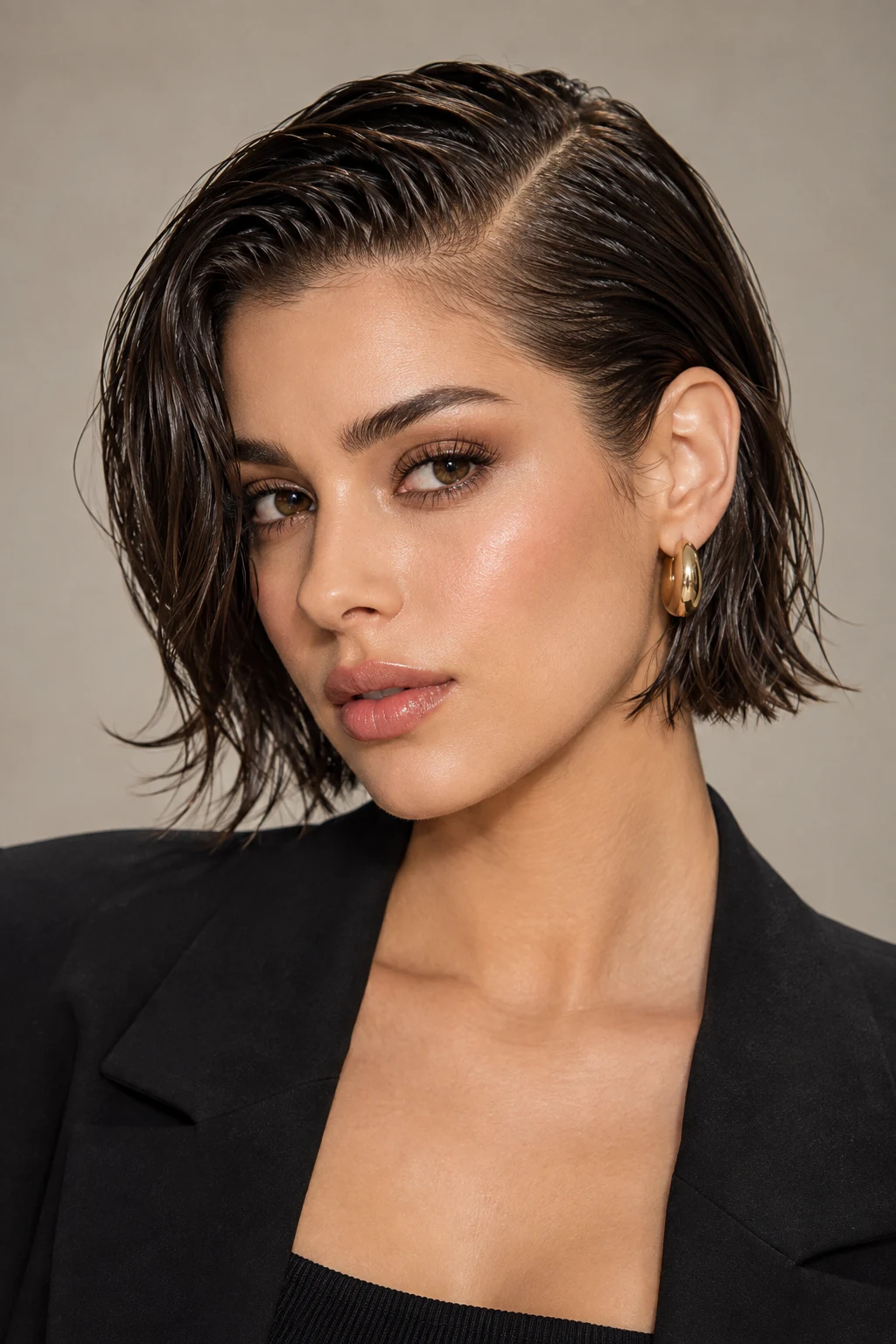 Wet-Look Side Part — peinados para cabello corto liso style outfit