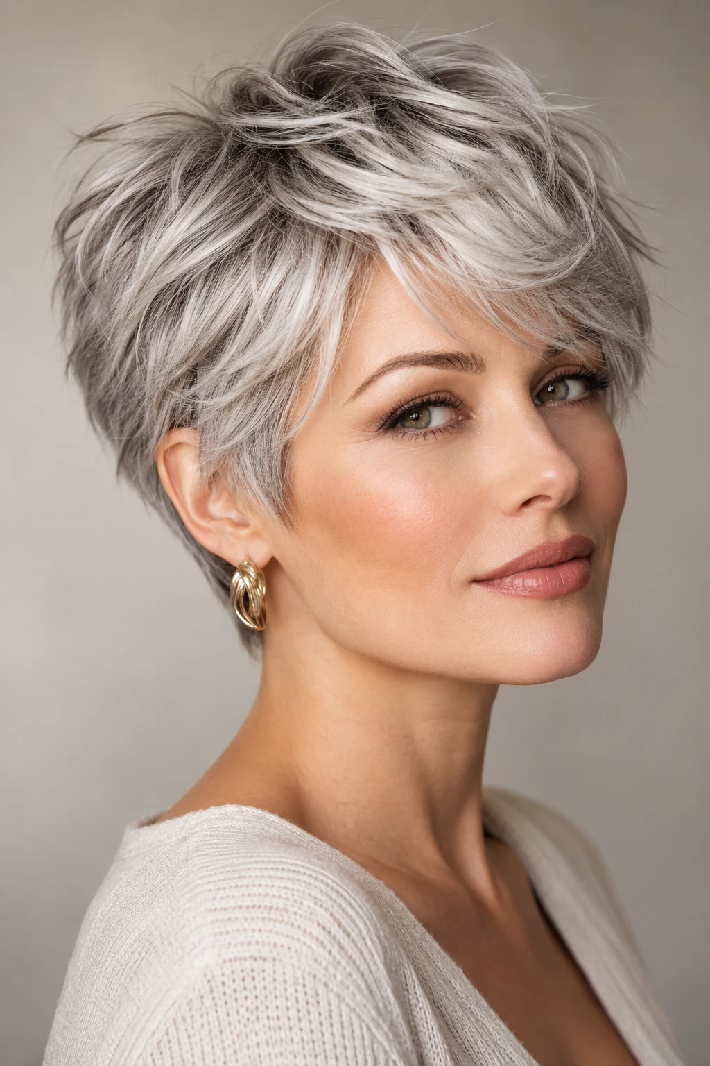 Feathered Silver Pixie — photos of short hairstyles style outfit