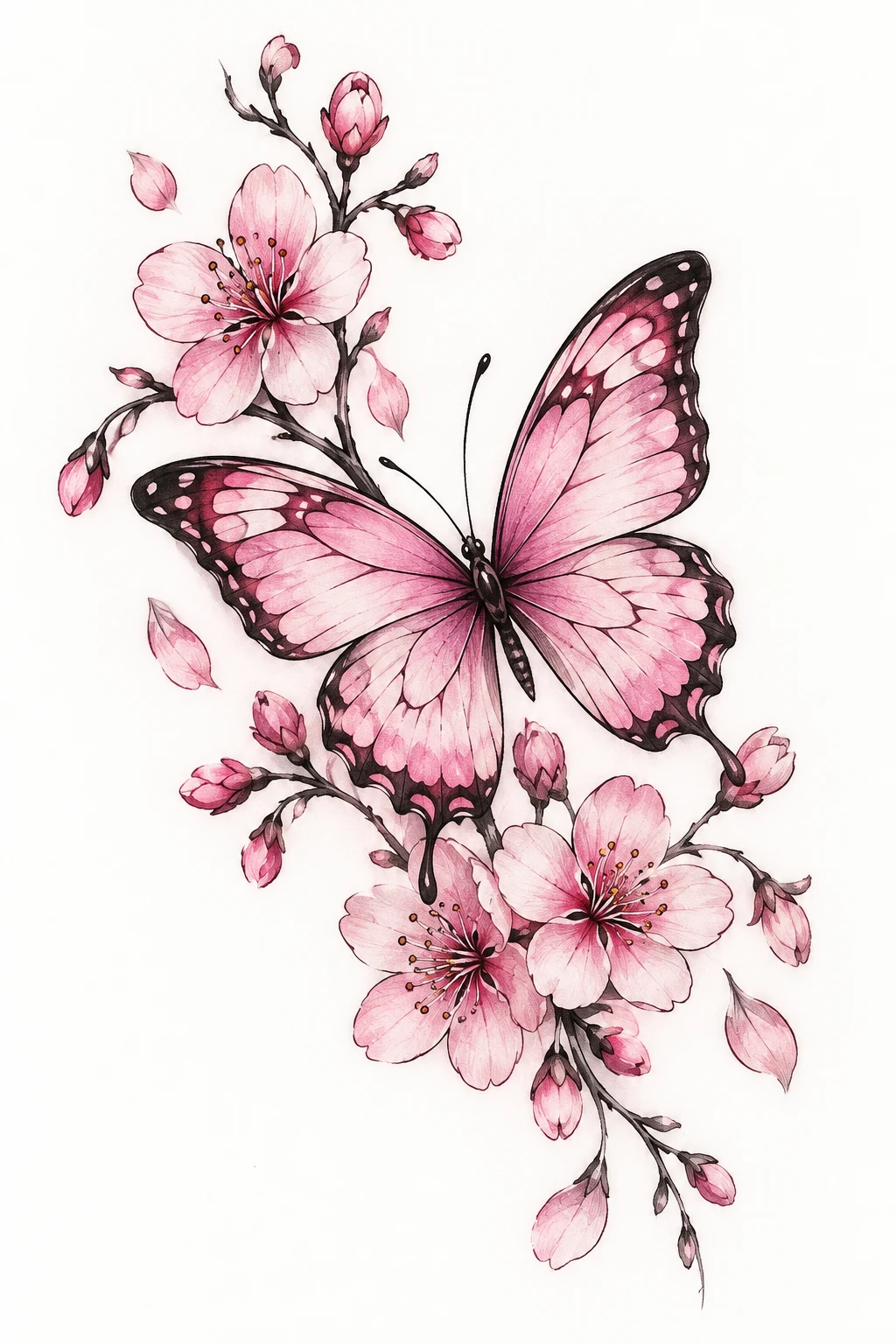 Pink Butterfly With Cherry Blossoms — pink butterfly tattoo style outfit