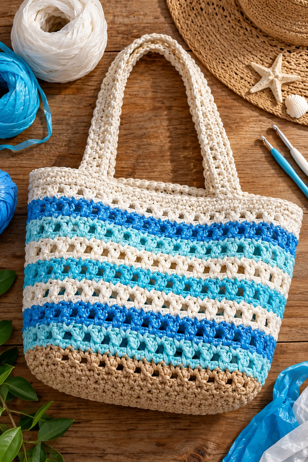 Plastic Bag Crochet Beach Tote — Plastic bag crochet style outfit
