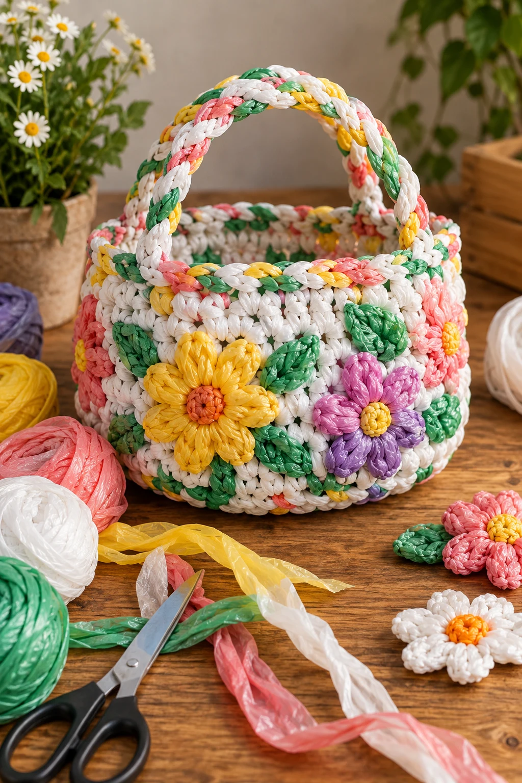 Recycled Plastic Flower Basket — Plastic bag crochet style outfit