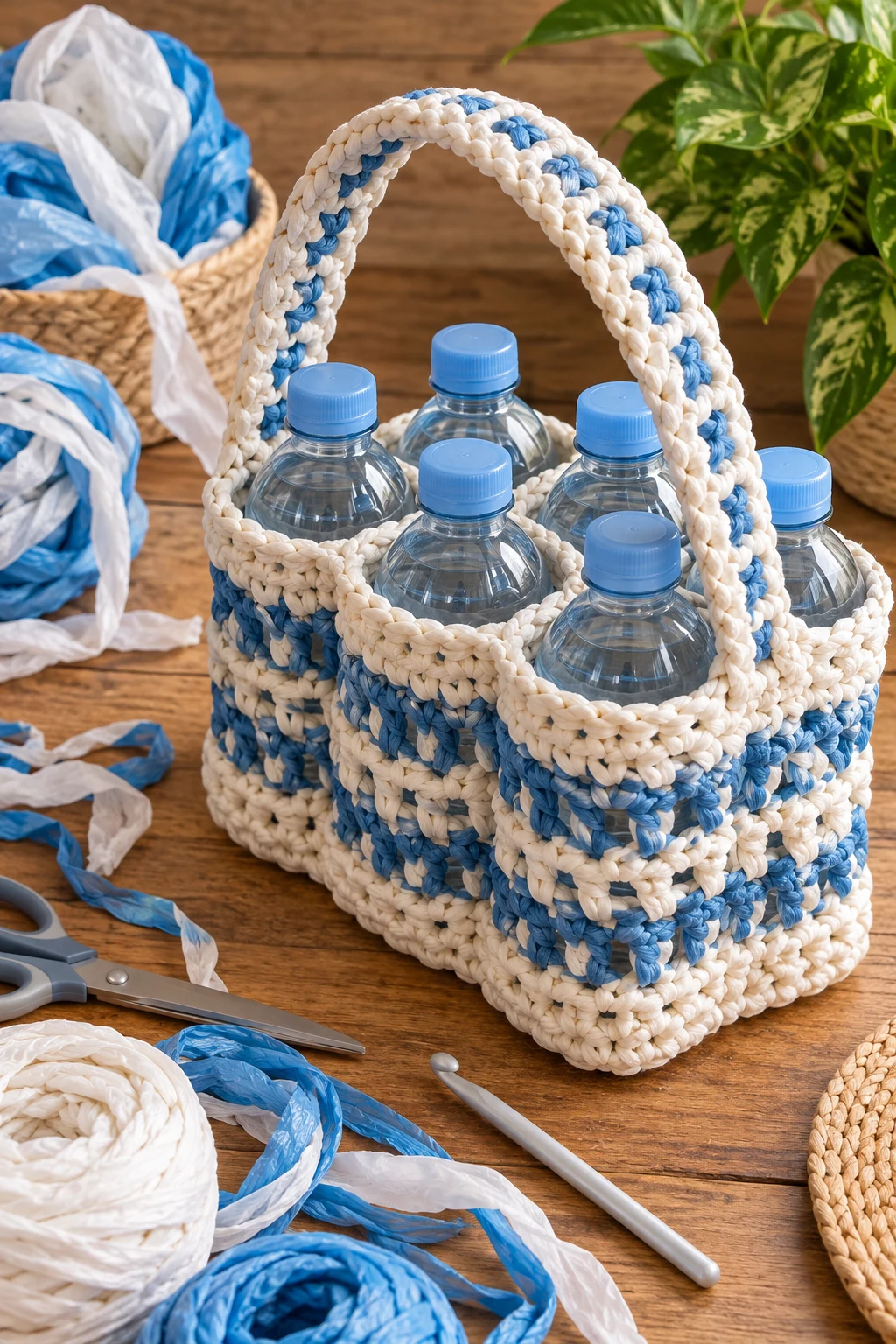 Upcycled Bottle Carrier — Plastic bag crochet style outfit