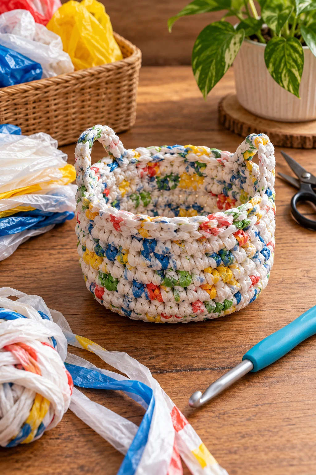 Mini Plastic Bag Crochet Basket — Plastic bag crochet style outfit