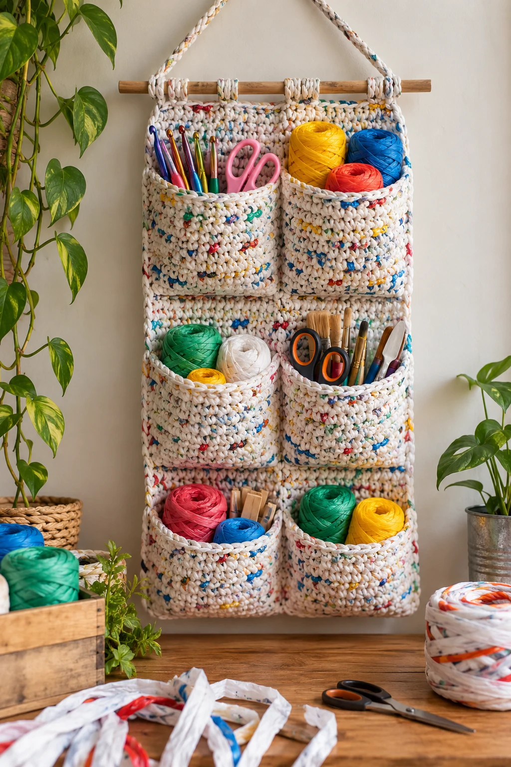Hanging Craft Organizer — Plastic bag crochet style outfit