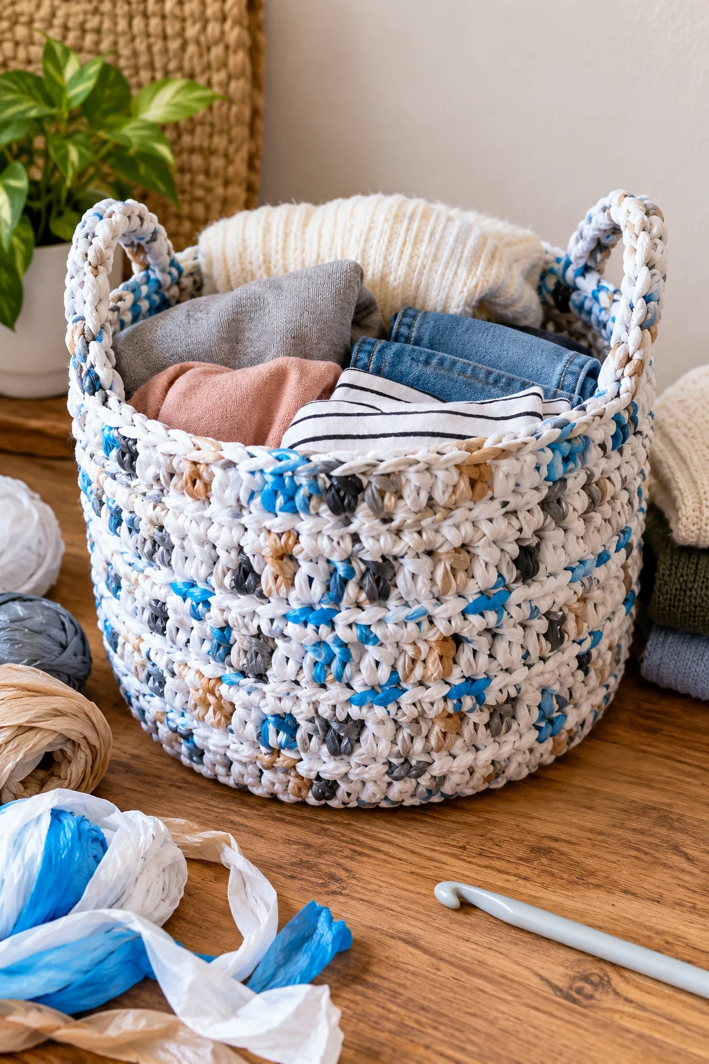 Plastic Bag Crochet Donation Basket — Plastic bag crochet style outfit