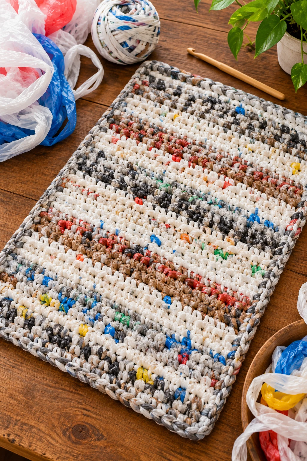 Plastic Bag Crochet Mat for Community Donations — Plastic bag crochet style outfit
