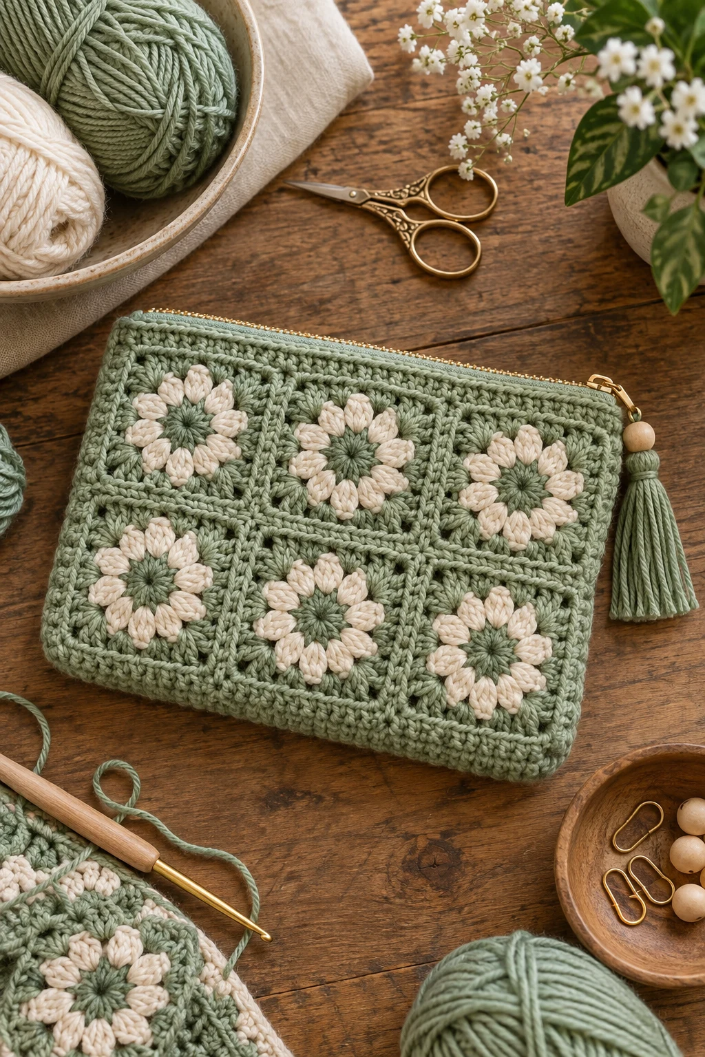 Sage Green Granny Square Pouch — pouch bag crochet style outfit