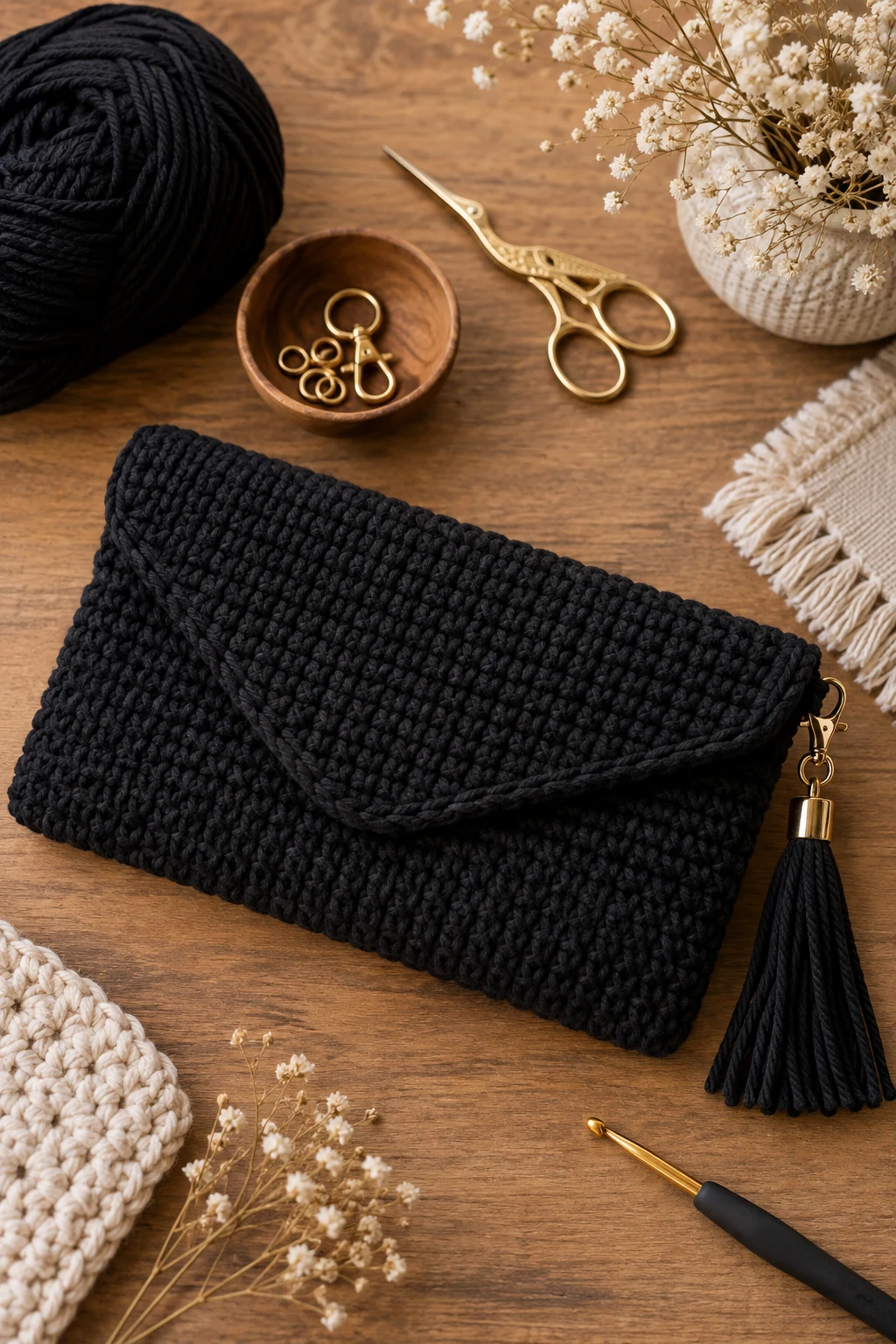 Minimalist Black Clutch — pouch bag crochet style outfit