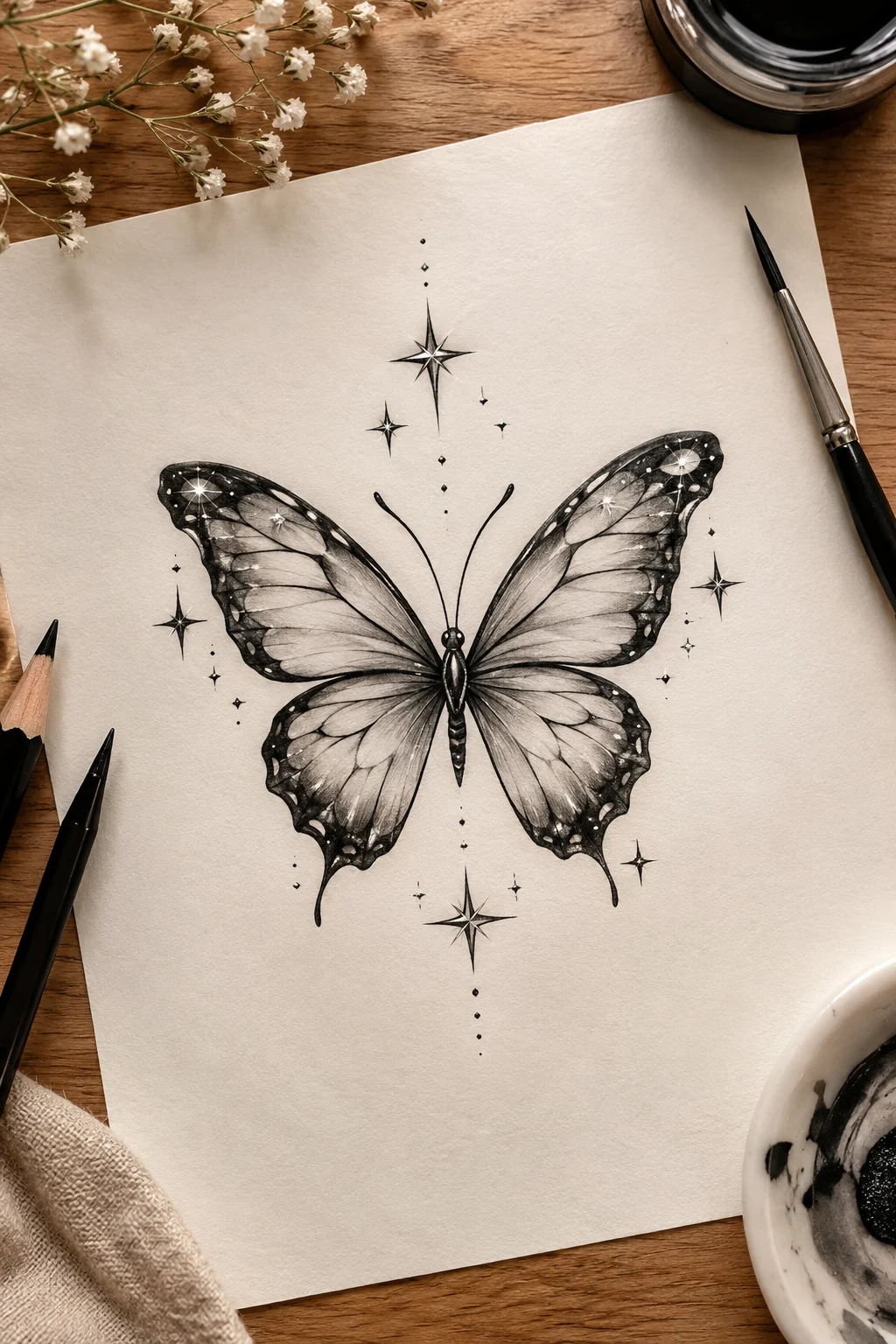 Pretty Butterfly Tattoo With Sparkling Stars — pretty butterfly tattoo style outfit