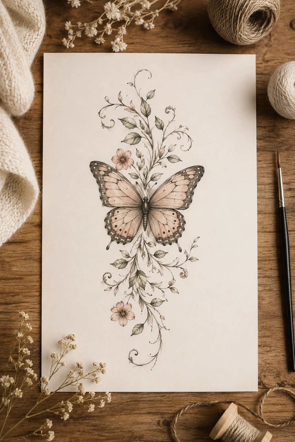 Pretty Butterfly Tattoo With Botanical Vines — pretty butterfly tattoo style outfit