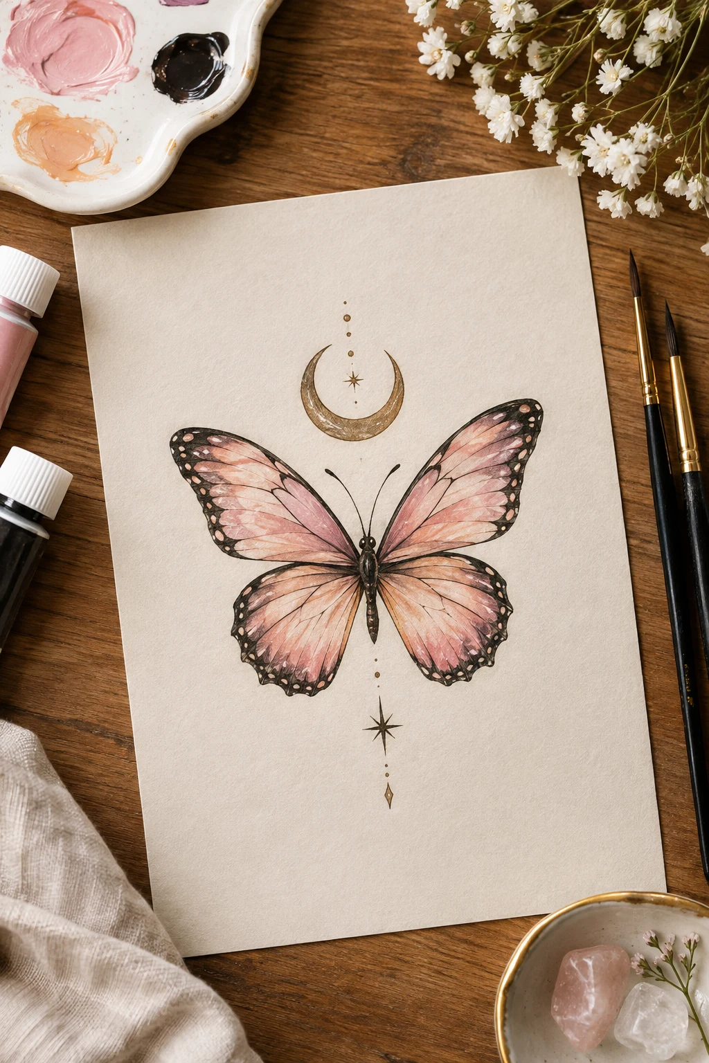 Pretty Butterfly Tattoo With a Crescent Moon — pretty butterfly tattoo style outfit