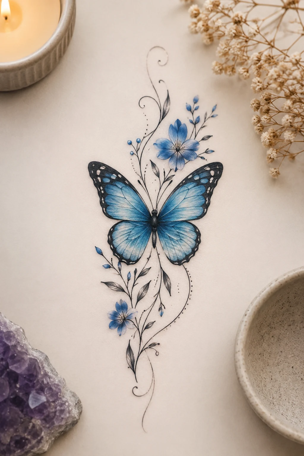 Pretty Butterfly Tattoo With Blue Wings — pretty butterfly tattoo style outfit
