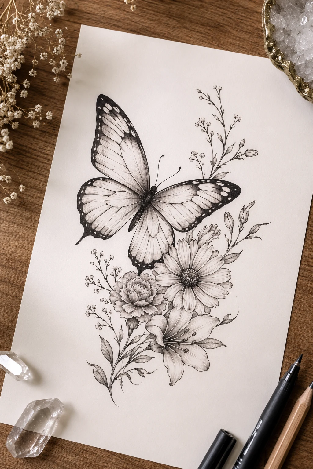 Pretty Butterfly Tattoo With Birth Flowers — pretty butterfly tattoo style outfit