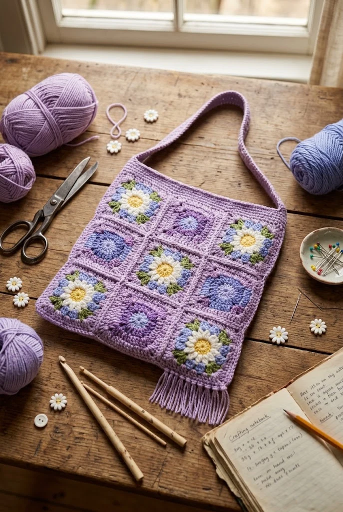 Periwinkle Daisy Flower Square Bag — purple crochet bag style outfit