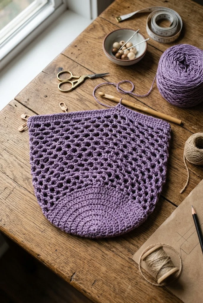 Heather Purple Net Utility Bag — purple crochet bag style outfit