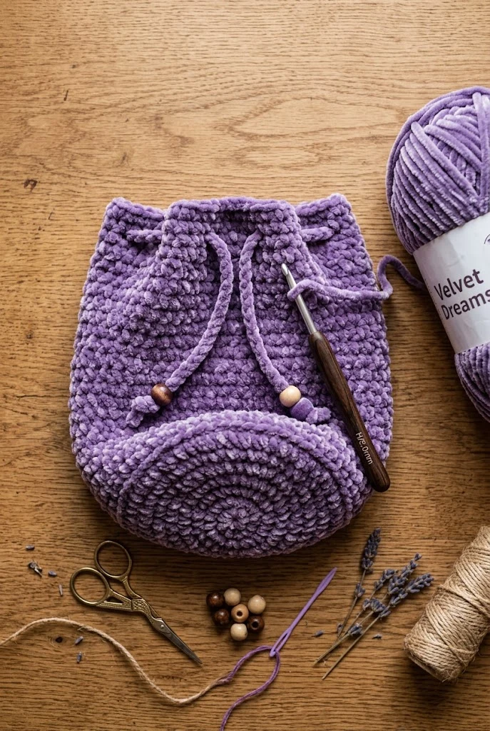 Lavender Velvet Drawstring Bucket Bag — purple crochet bag style outfit