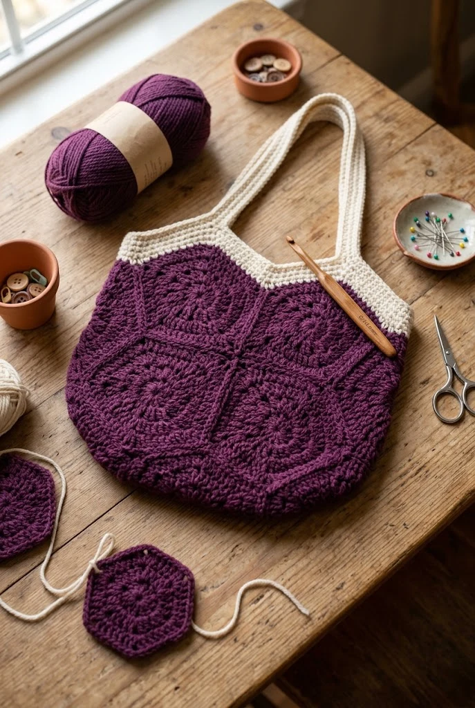 Deep Plum Hexagon Granny Square Bag — purple crochet bag style outfit