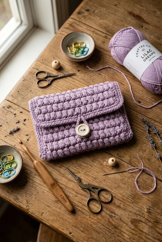 Lilac Puff Stitch Mini Envelope Clutch — purple crochet bag style outfit