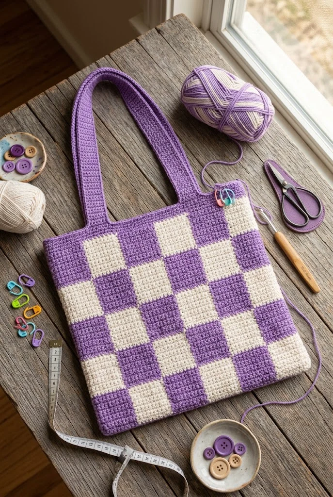 Two-Tone Orchid Checkerboard Tote — purple crochet bag style outfit