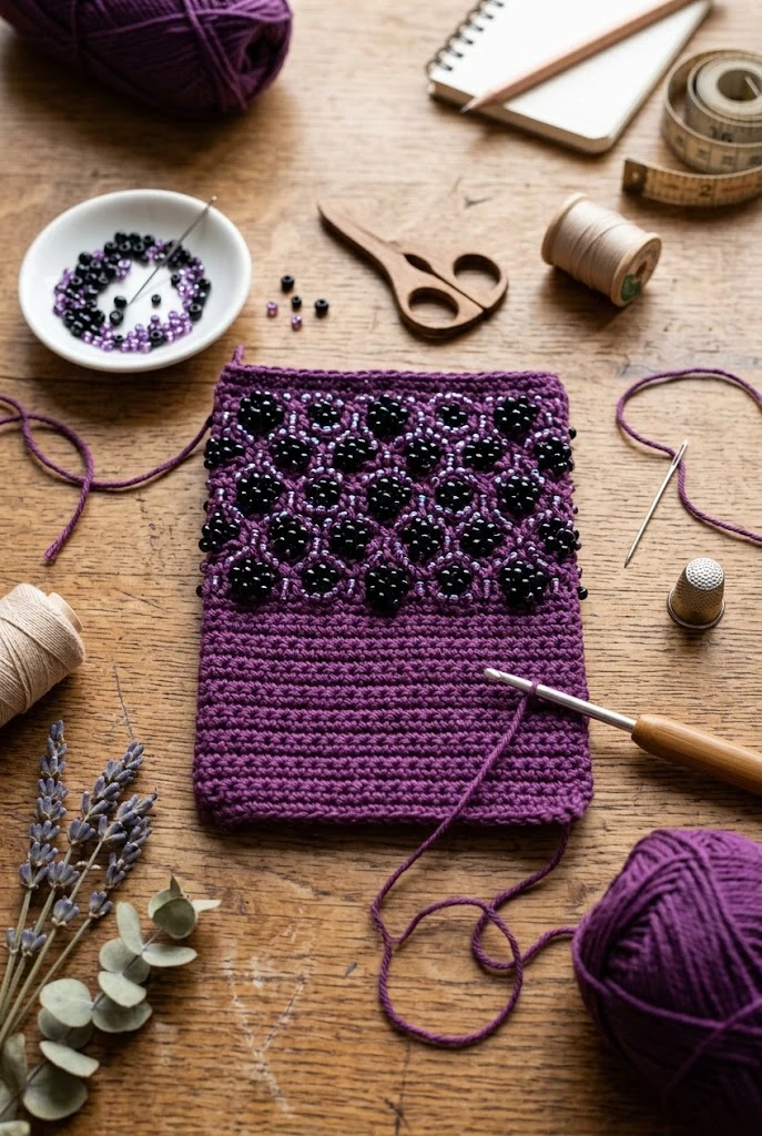 Blackberry Pearl Bead-Accented Pouch — purple crochet bag style outfit