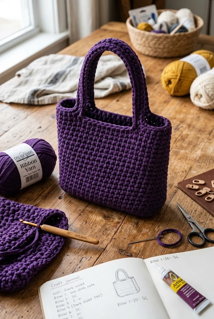Dark Violet Ribbon Yarn Structured Handbag — purple crochet bag style outfit