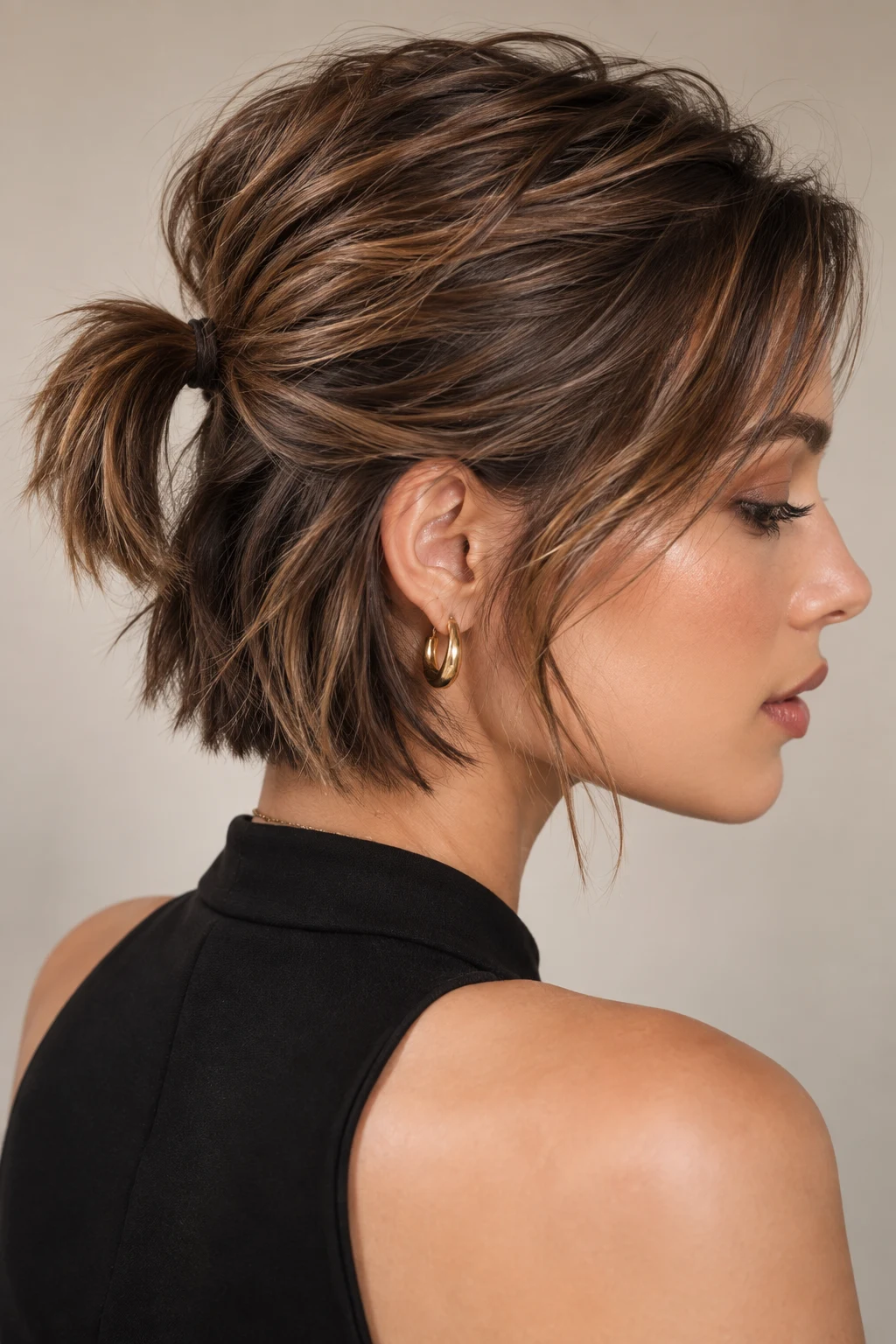 Textured Micro-Pony — quick hairstyles for short hair style outfit