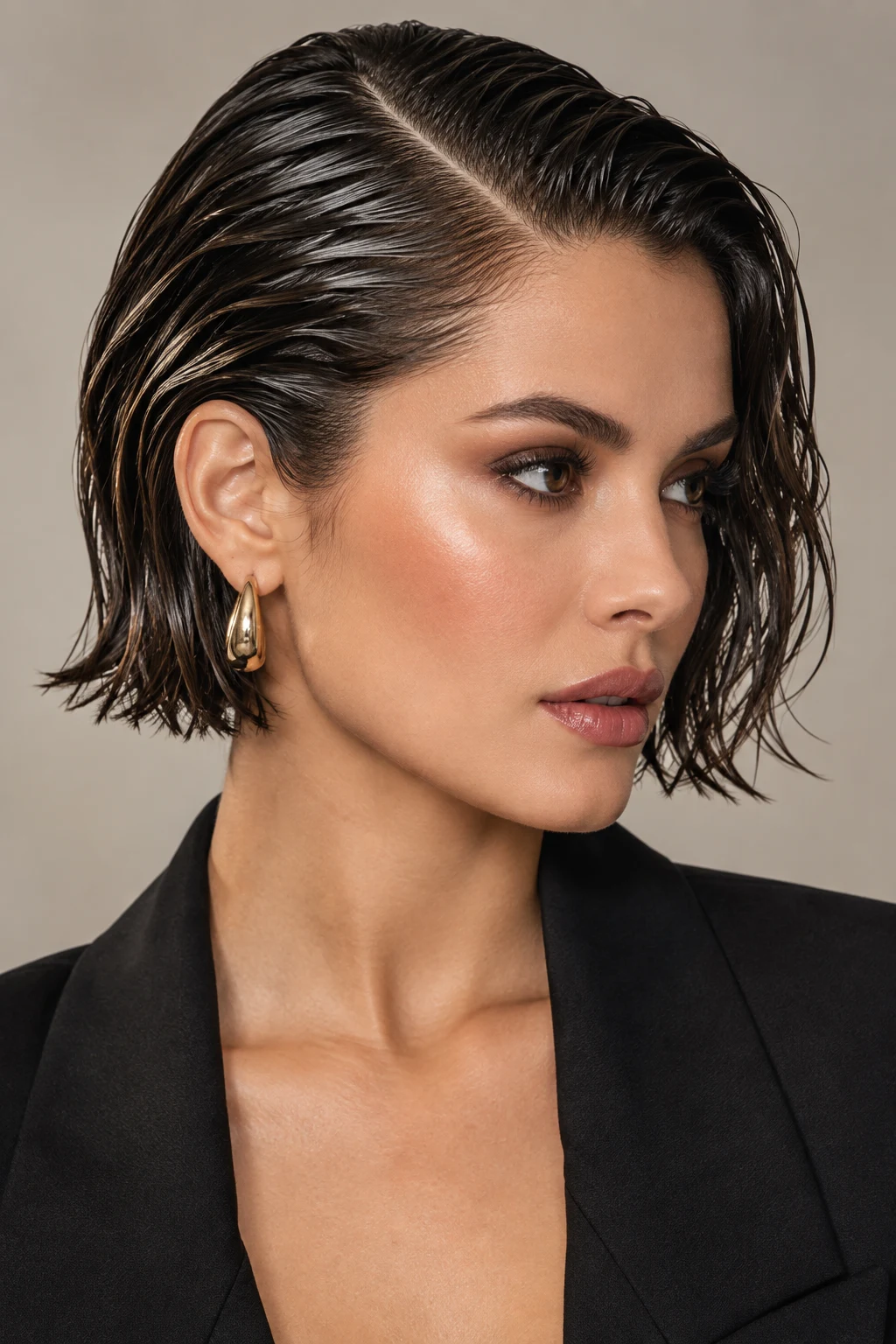 Polished Wet-Look Part — quick hairstyles for short hair style outfit