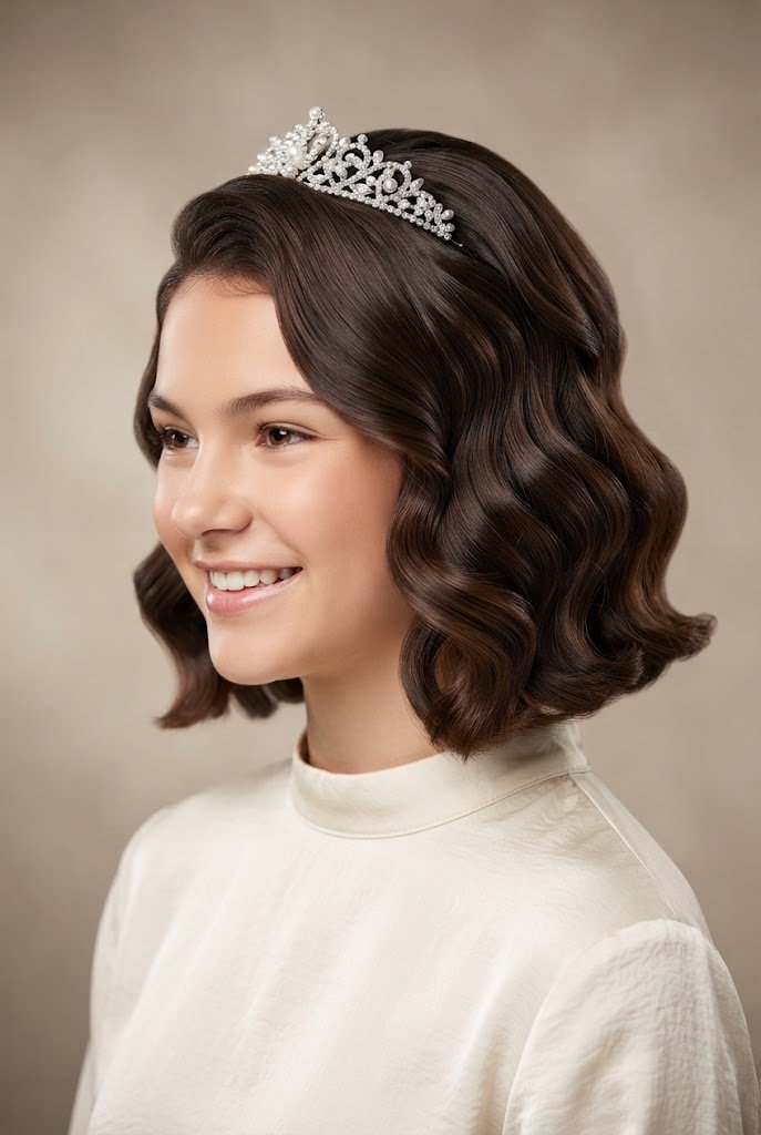 Regal Crown-Pinned Glamour Waves — Quinceañera hairstyles for short hair style outfit