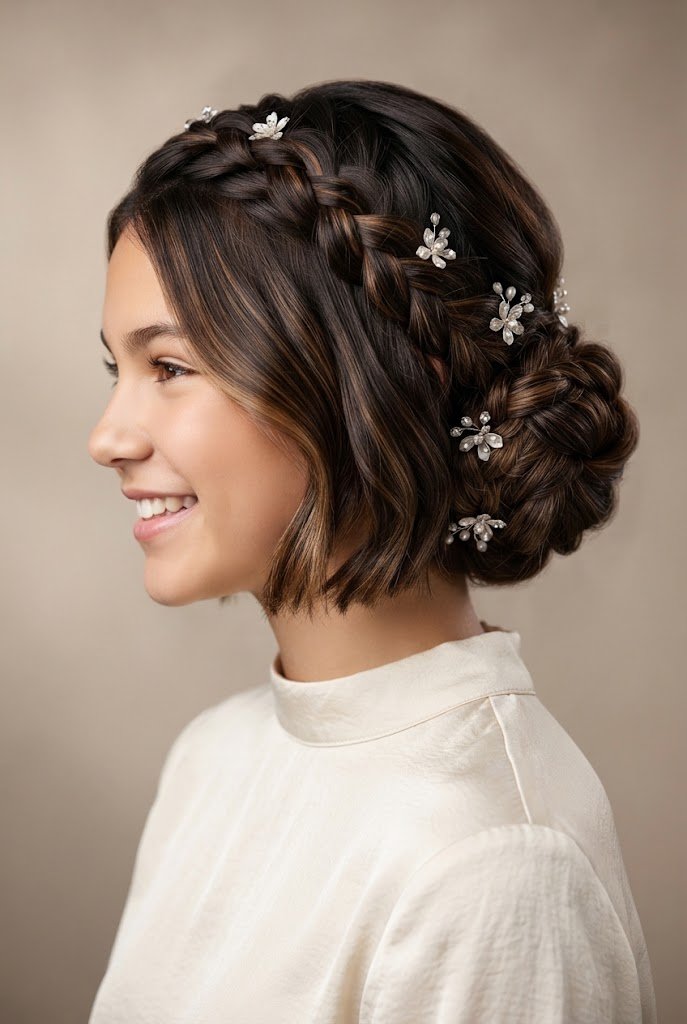 Dutch Braided Low Chignon Illusion — Quinceañera hairstyles for short hair style outfit