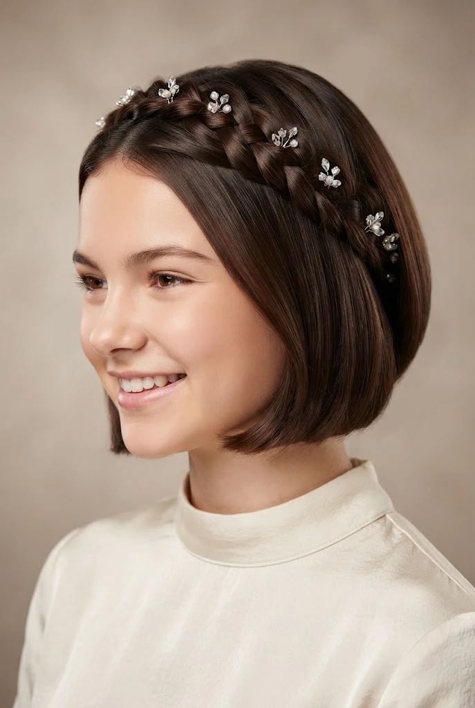 Voluminous Curls with Side Tiara Placement — Quinceañera hairstyles for short hair style outfit