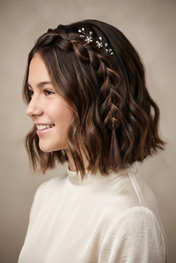 Waterfall Braided Short Lob — Quinceañera hairstyles for short hair style outfit