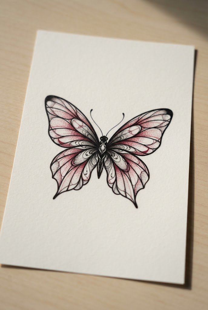 Crimson Fine-Line Above Elbow — red and black butterfly tattoo style outfit