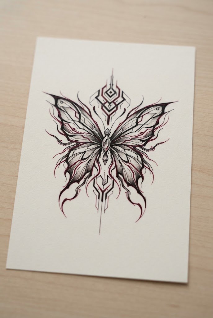 Cyber-Sigilism Futurist Fusion — red and black butterfly tattoo style outfit