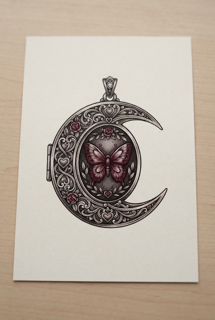 Ornate Vintage Cameo Locket — red and black butterfly tattoo style outfit