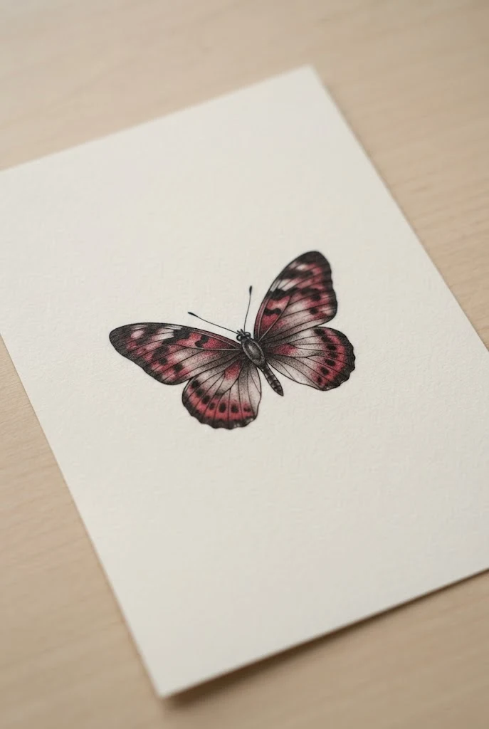 Minimalist Micro-Realism Portrait — red and black butterfly tattoo style outfit