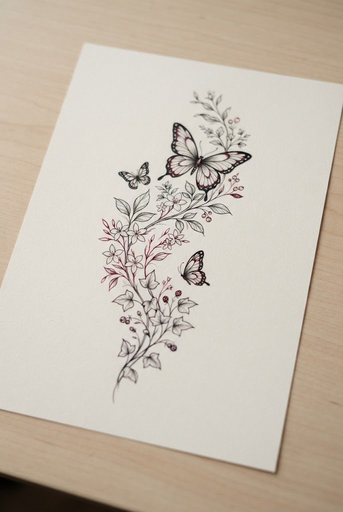 Botanical Vine Trail Featuring A Red And Black Butterfly Tattoo — red and black butterfly tattoo style outfit