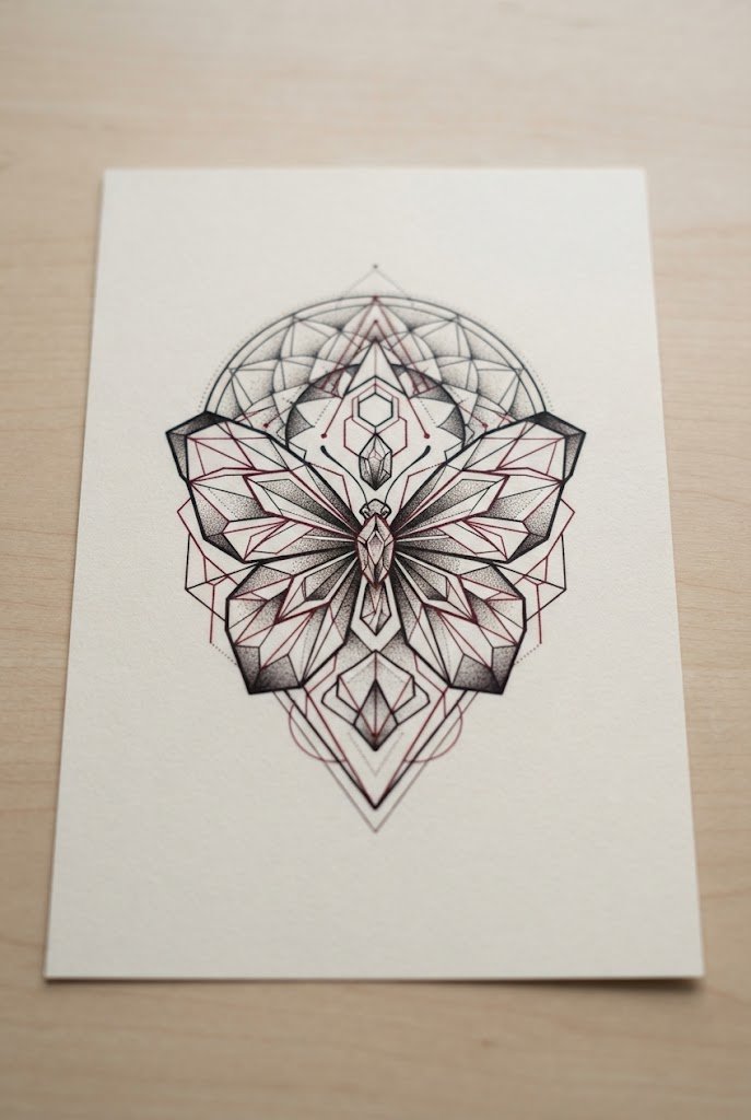 Geometric Sacred Symmetry — red and black butterfly tattoo style outfit