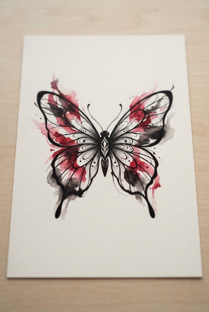 Watercolor Splash Accent — red and black butterfly tattoo style outfit