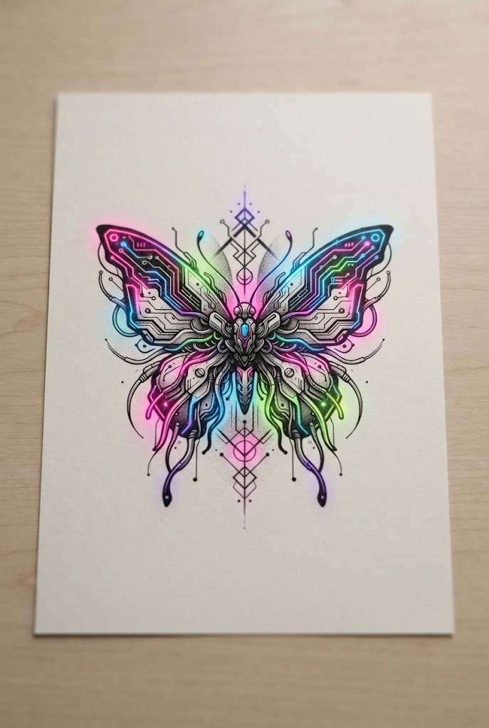 Neon Cyberpunk Glow — red and black butterfly tattoo style outfit