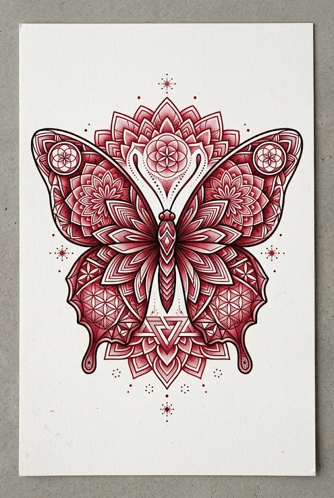 Geometric Mandala Red Butterfly Fusion — red butterfly tattoo design style outfit