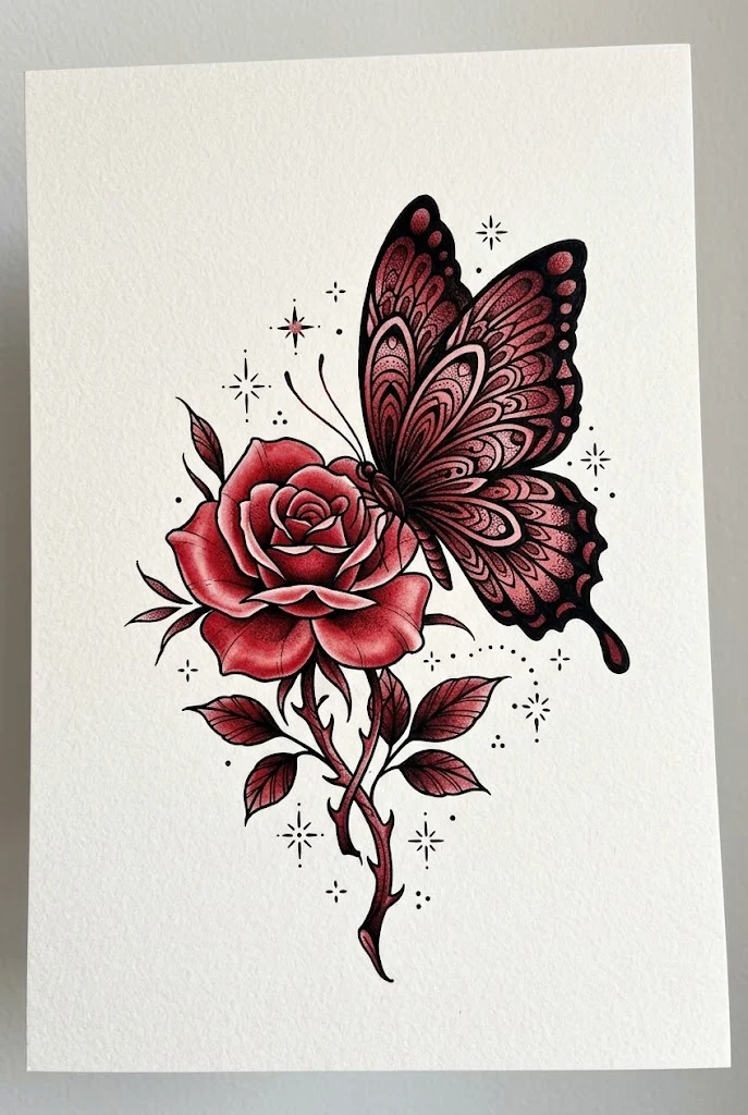 Scarlet Rose and Butterfly Tattoo Design — red butterfly tattoo design style outfit