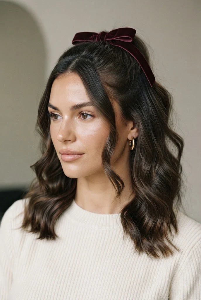 The Velvet Bow Half-Up — School Hairstyles style outfit