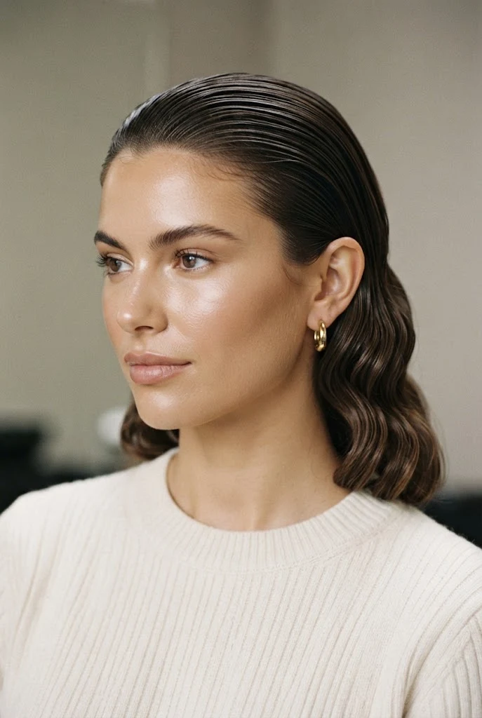 The Slicked-Back Wet-Look Waves — School Hairstyles style outfit