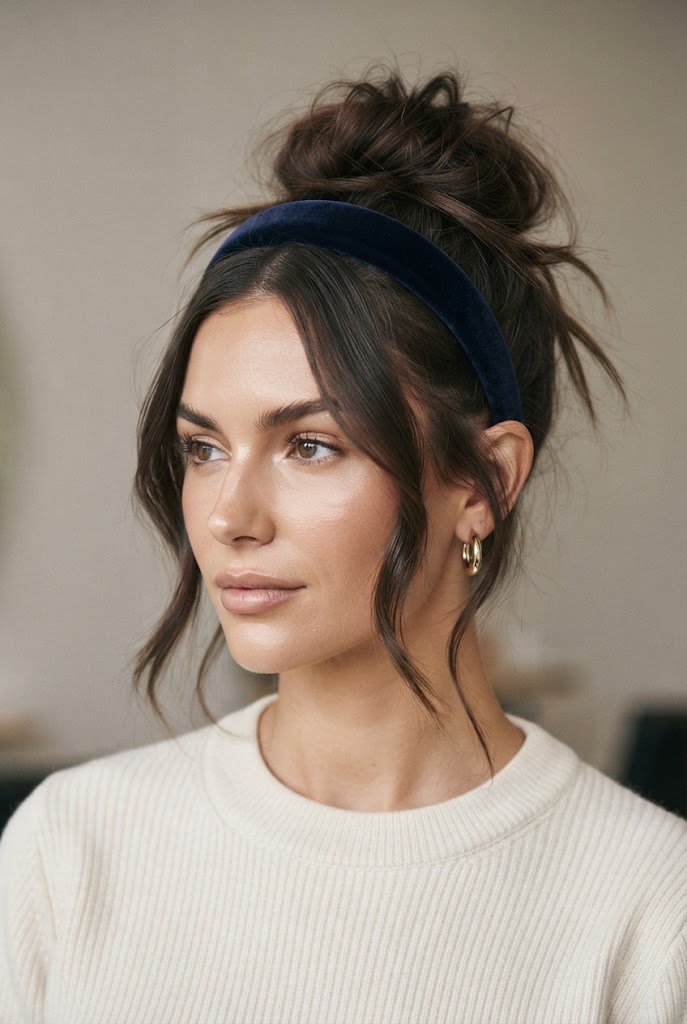 The Messy Top Knot with Headband — School Hairstyles style outfit