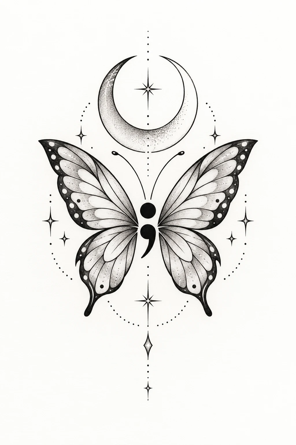 Semicolon Butterfly Tattoo Ideas With a Crescent Moon — semi colon butterfly tattoo simple style outfit