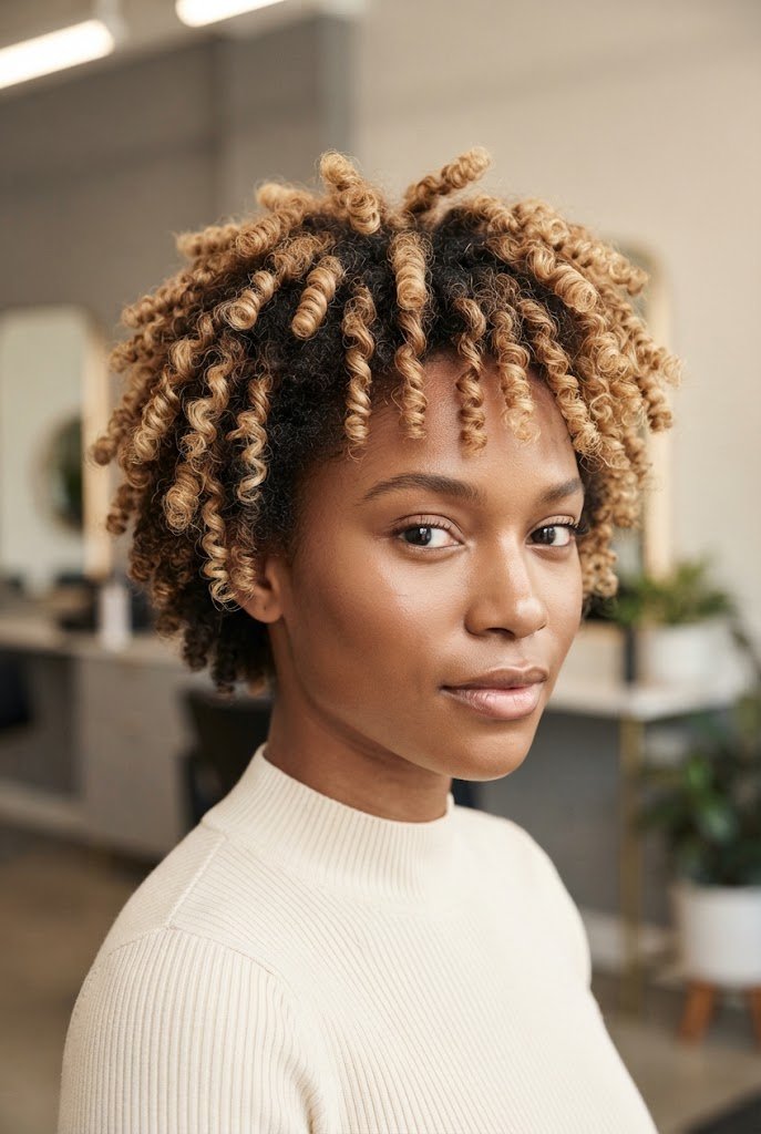 Bleached Blonde Coil Crop — short Afro-textured curly hairstyles style outfit