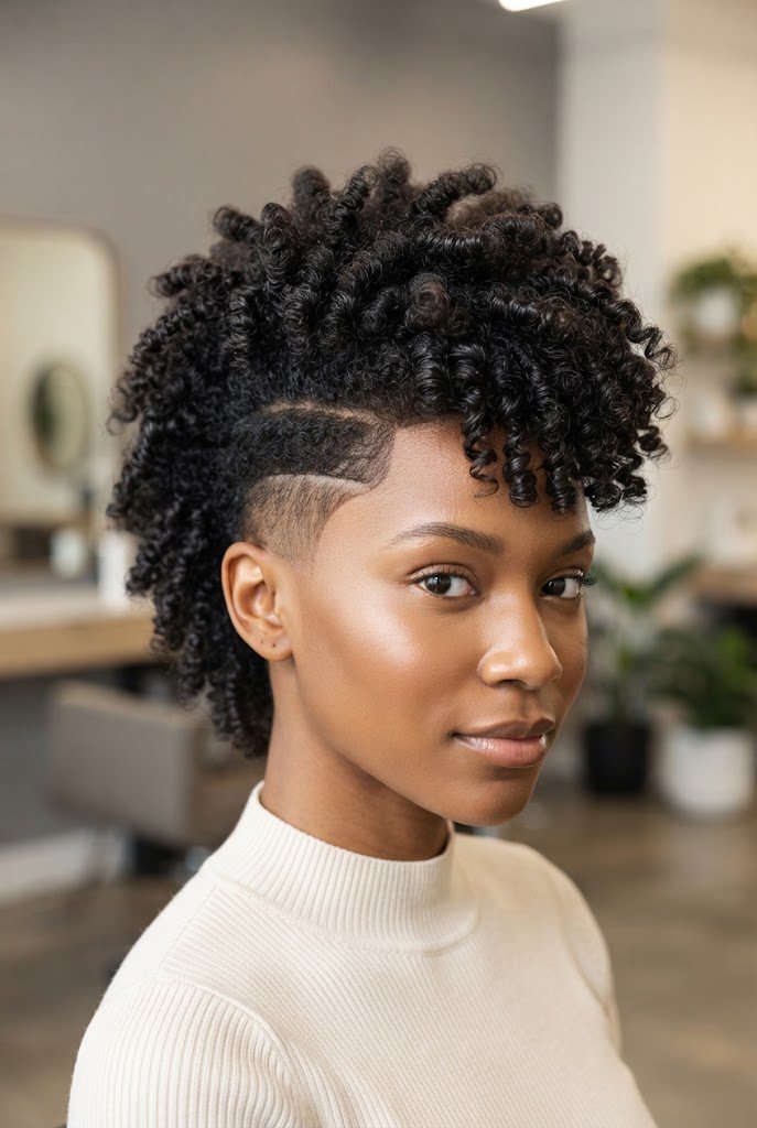 Sculpted Faux Hawk with Side Undercut — short Afro-textured curly hairstyles style outfit